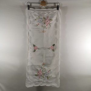 Vintage White Table Runner with Hand-sewn Floral and Cut-out Designs Pink Blue